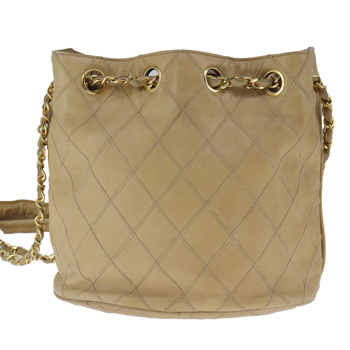 CHANEL Bicolore Chain Shoulder Bag Lamb Skin Beige Gold CC 103006