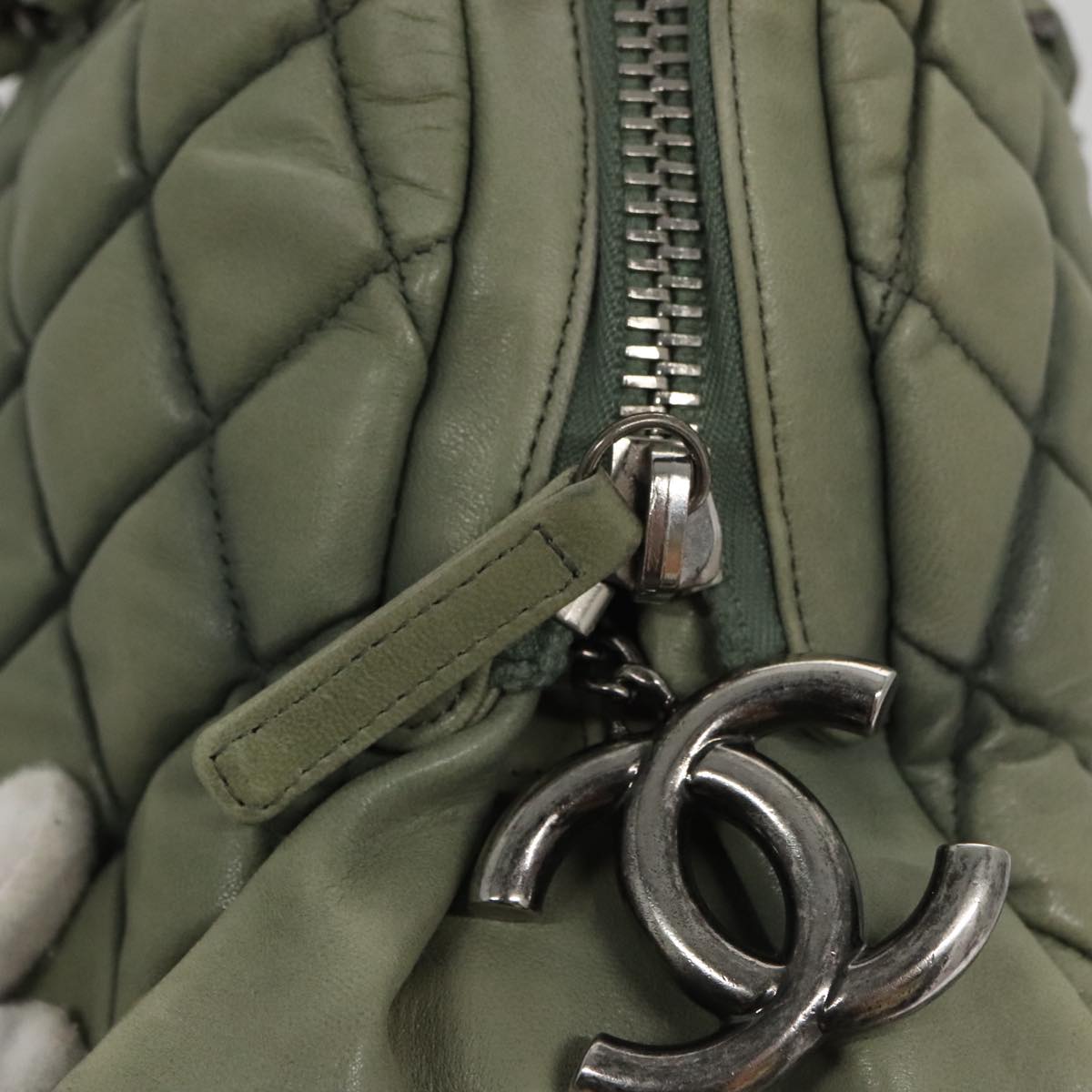 CHANEL Matelasse Chain Shoulder Bag Lamb Skin Green Silver CC 103203