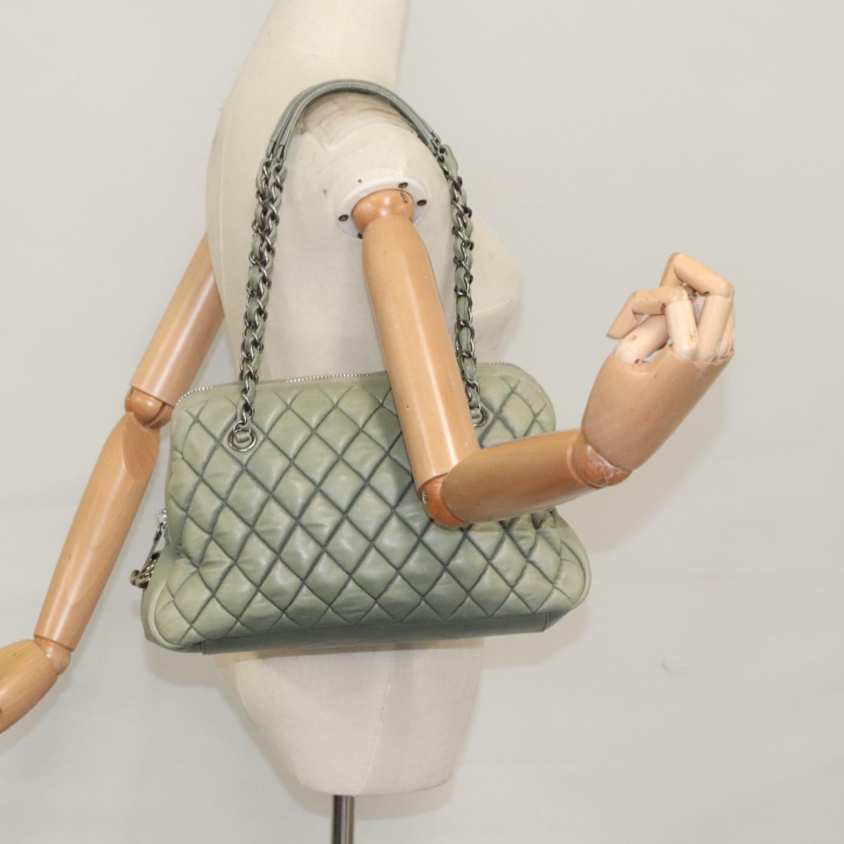 CHANEL Matelasse Chain Shoulder Bag Lamb Skin Green Silver CC 103203