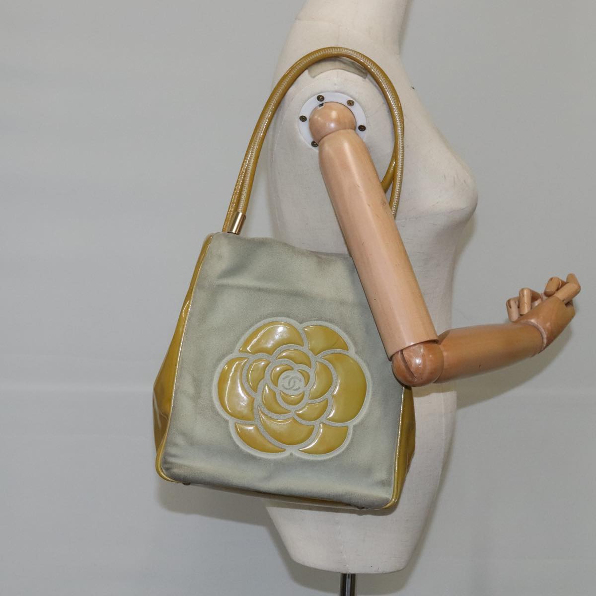 CHANEL Camelia Shoulder Bag Suede Yellow CC 104012