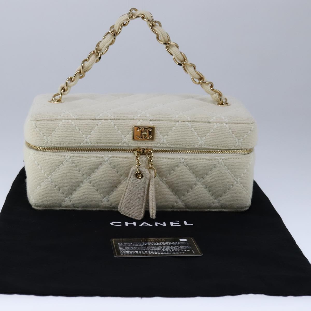 CHANEL Vanity Chain Wild Stitch Pouch Cotton White CC 104339A