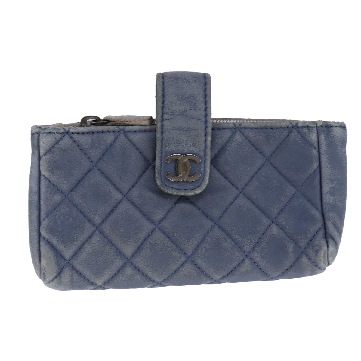 CHANEL Pouch Lamb Skin Blue CC 104355