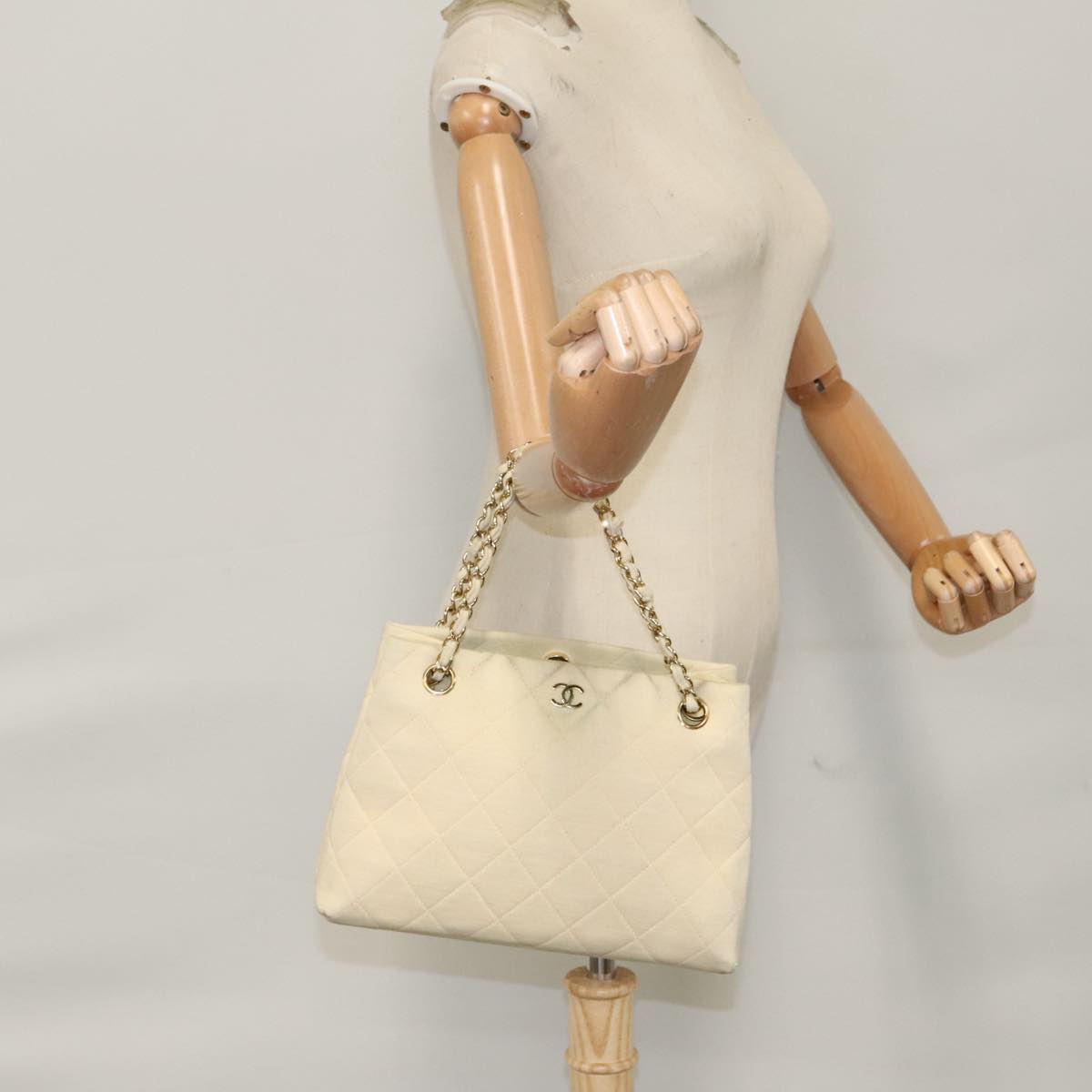CHANEL Chain Shoulder Bag Cotton Ivory Gold CC 104415
