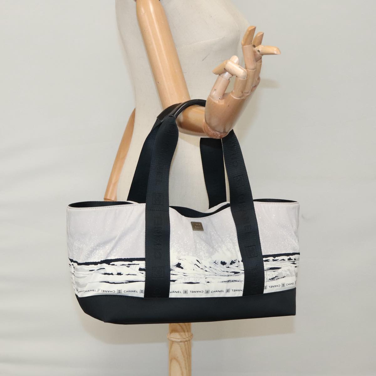CHANEL Chanel sports Tote Bag Nylon White Black CC 104702