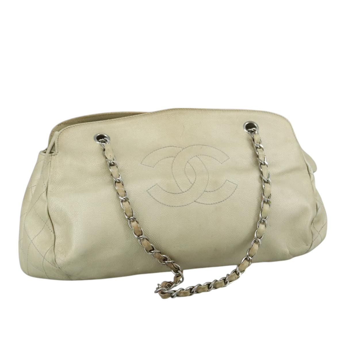 CHANEL Matelasse Chain Tote Bag Caviar Skin Ivory Silver CC 105696