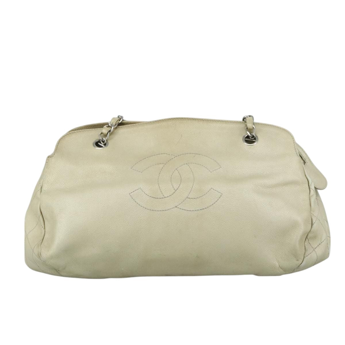 CHANEL Matelasse Chain Tote Bag Caviar Skin Ivory Silver CC 105696