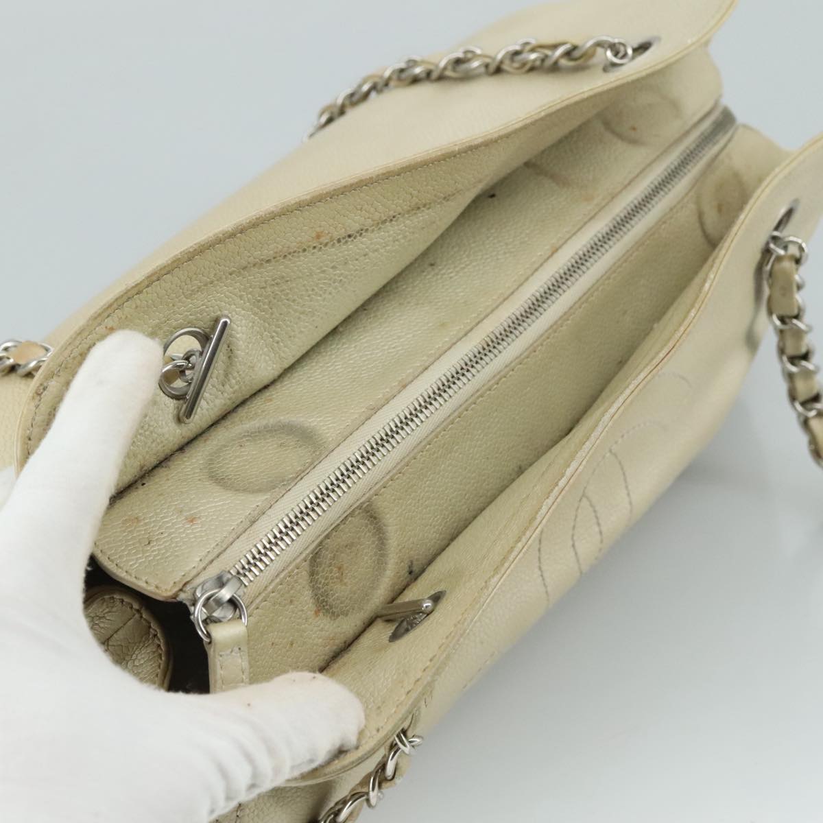 CHANEL Matelasse Chain Tote Bag Caviar Skin Ivory Silver CC 105696