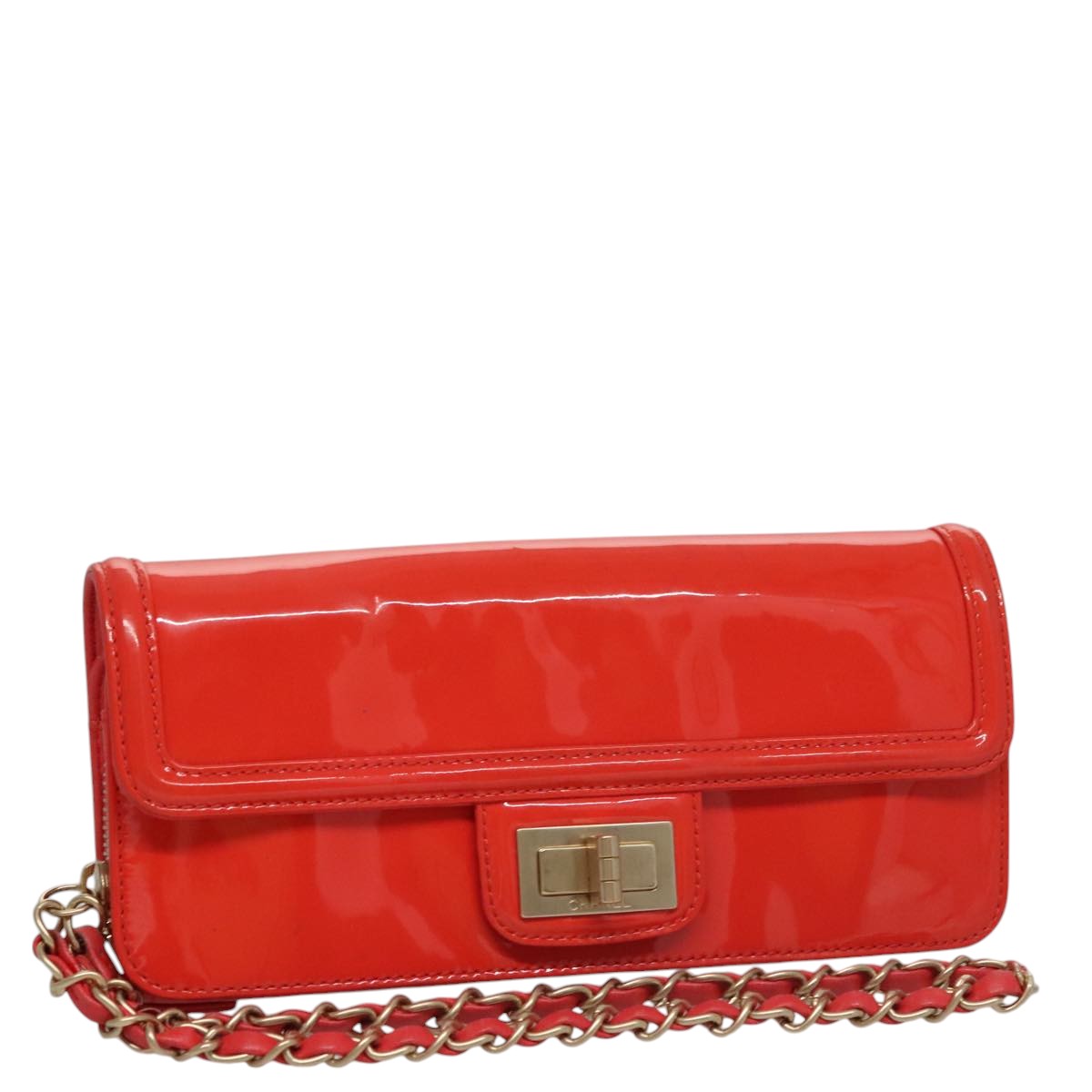CHANEL Chain Second Bag Patent Leather Red Silver CC 105697