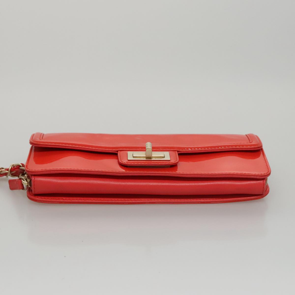CHANEL Chain Second Bag Patent Leather Red Silver CC 105697