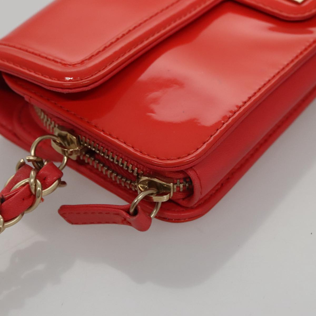 CHANEL Chain Second Bag Patent Leather Red Silver CC 105697