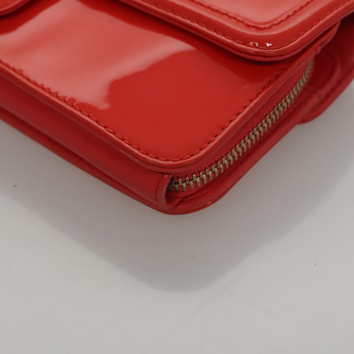 CHANEL Chain Second Bag Patent Leather Red Silver CC 105697