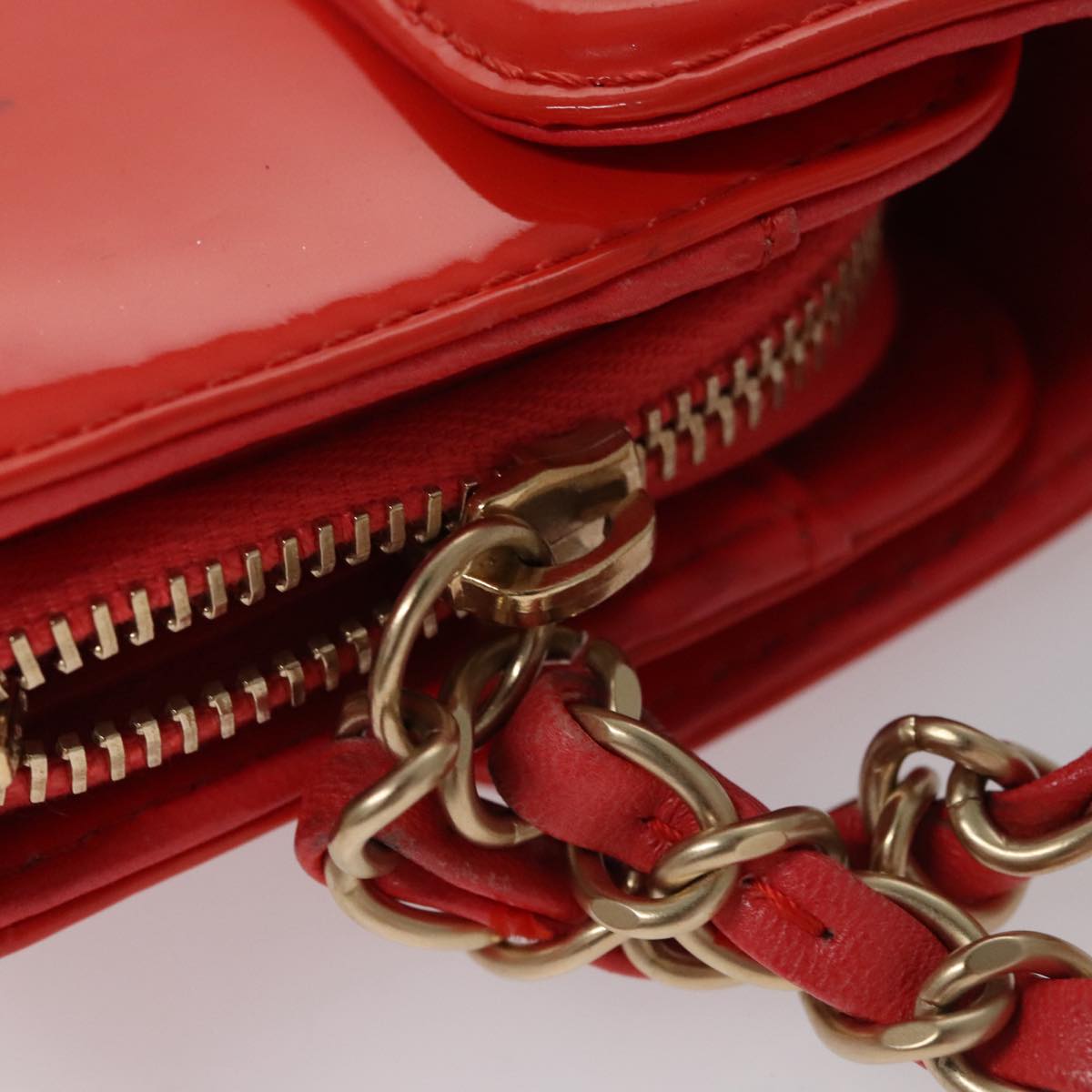 CHANEL Chain Second Bag Patent Leather Red Silver CC 105697