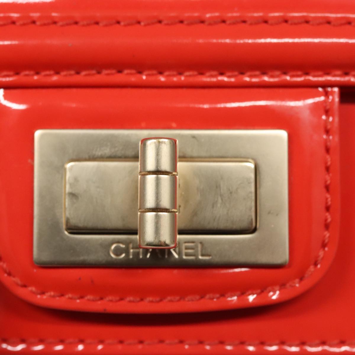 CHANEL Chain Second Bag Patent Leather Red Silver CC 105697