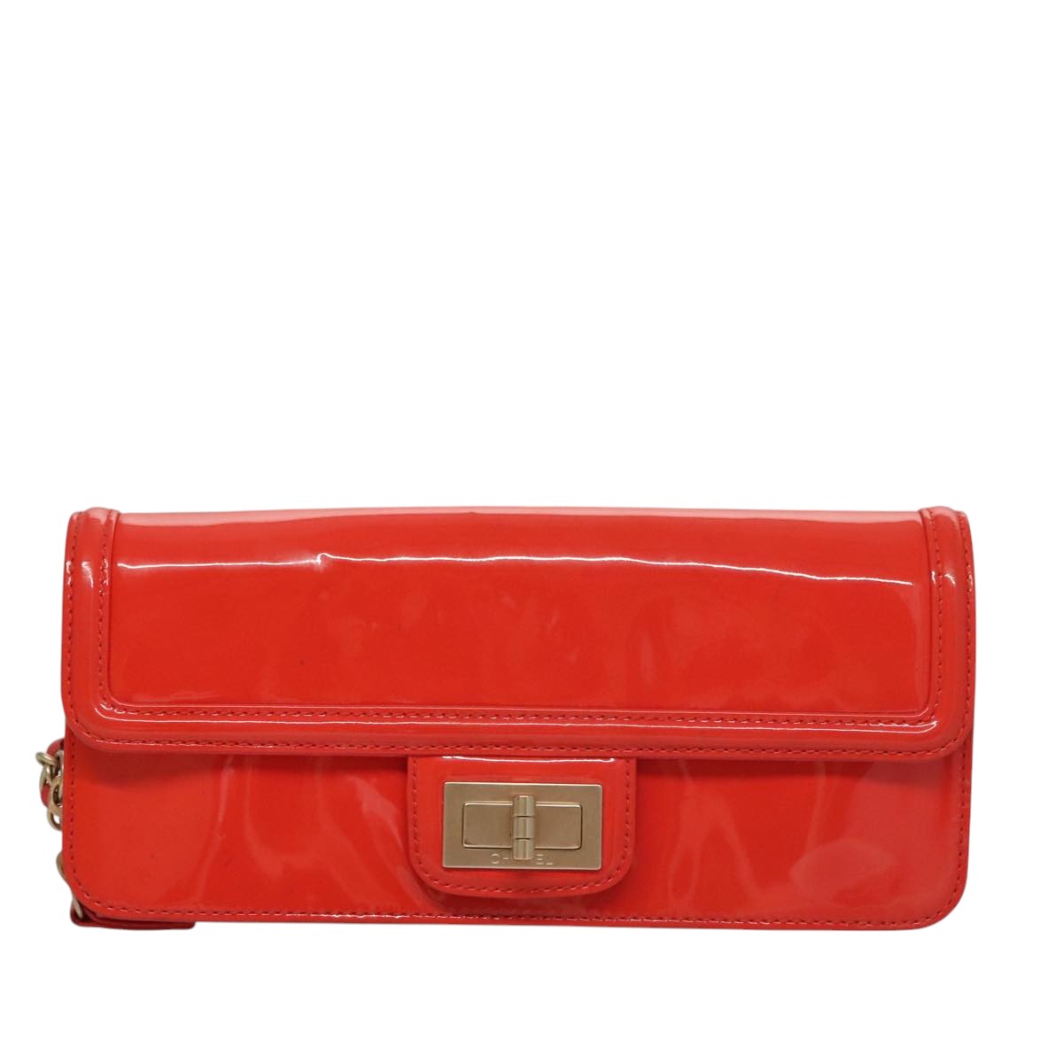CHANEL Chain Second Bag Patent Leather Red Silver CC 105697