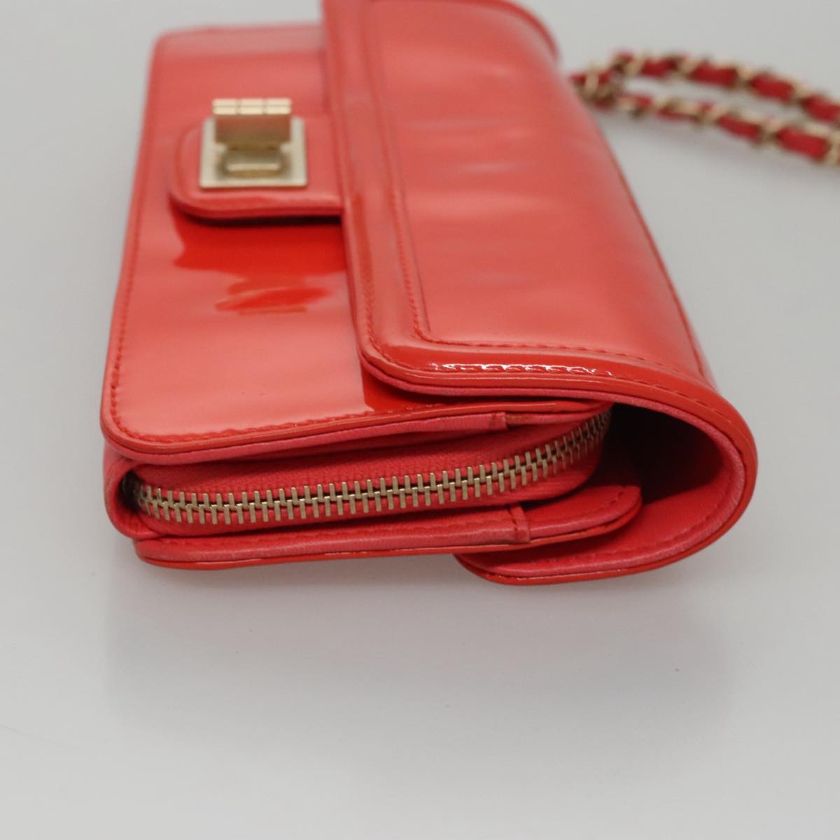 CHANEL Chain Second Bag Patent Leather Red Silver CC 105697