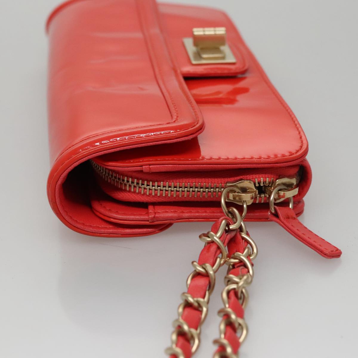 CHANEL Chain Second Bag Patent Leather Red Silver CC 105697