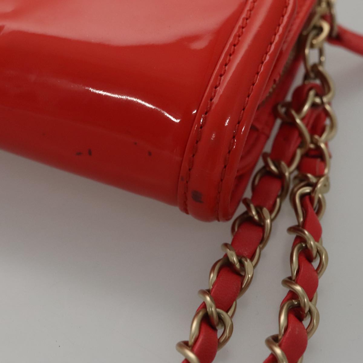 CHANEL Chain Second Bag Patent Leather Red Silver CC 105697