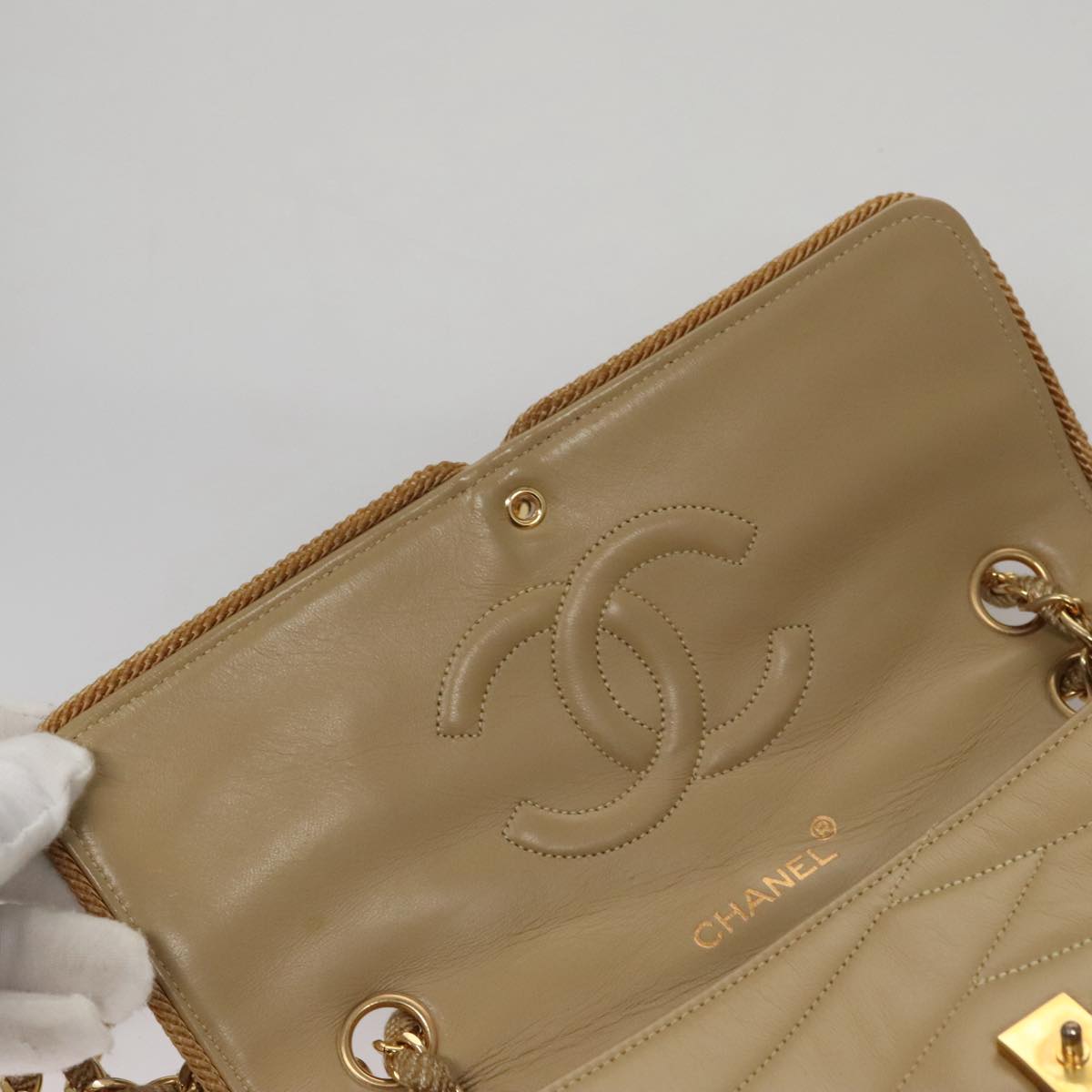 CHANEL Matelasse Chain Shoulder Bag Lamb Skin Beige Gold CC 105701
