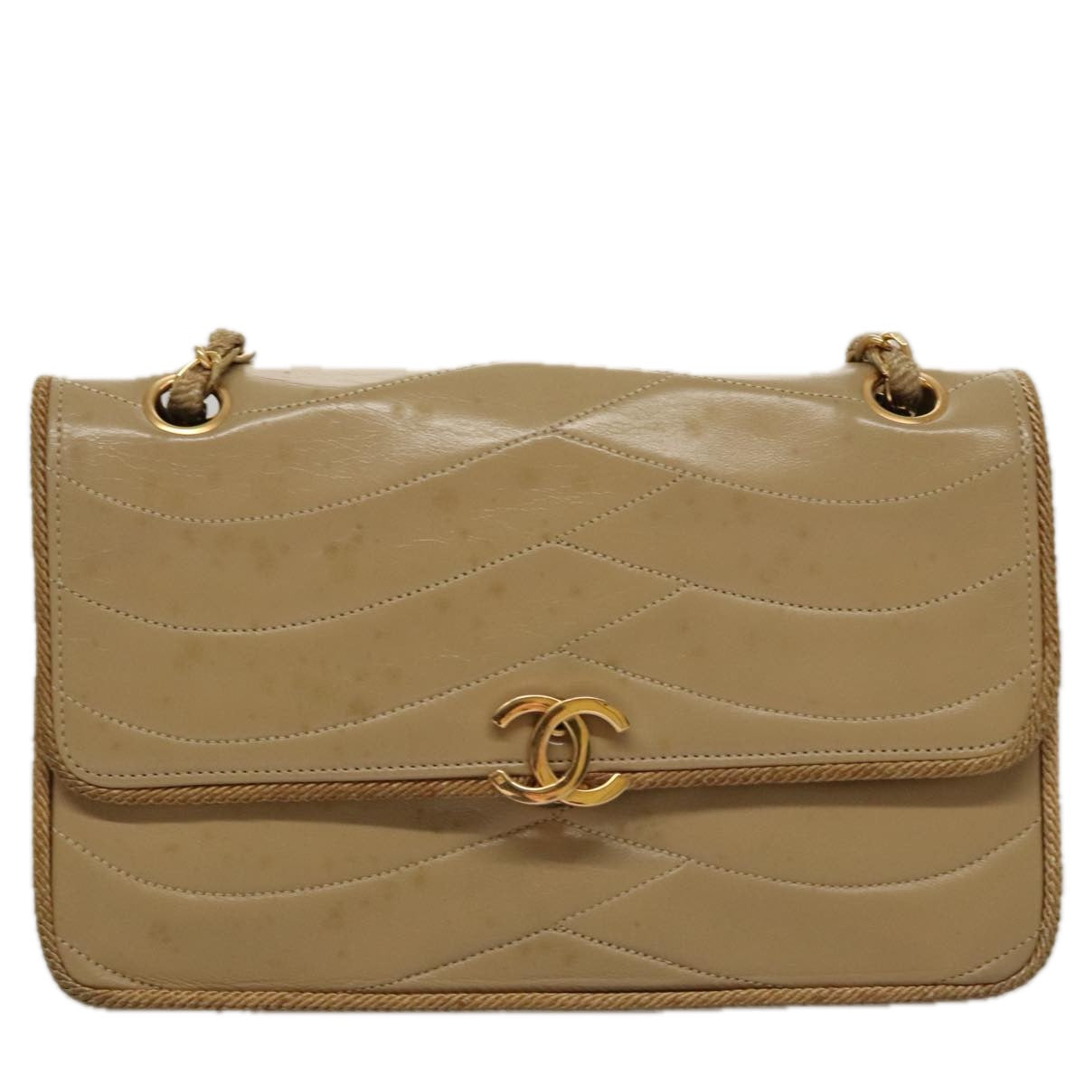 CHANEL Matelasse Chain Shoulder Bag Lamb Skin Beige Gold CC 105701