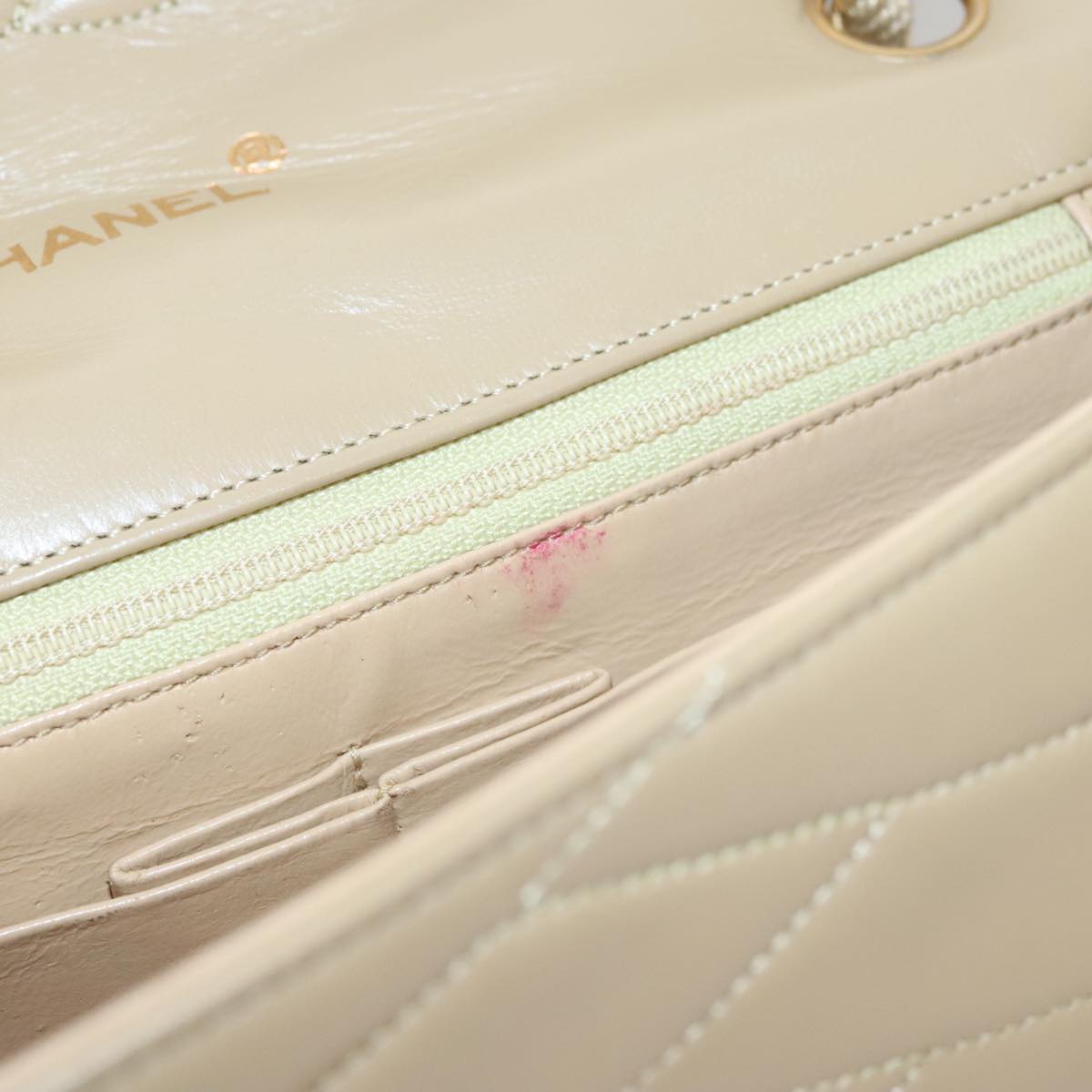 CHANEL Matelasse Chain Shoulder Bag Lamb Skin Beige Gold CC 105701