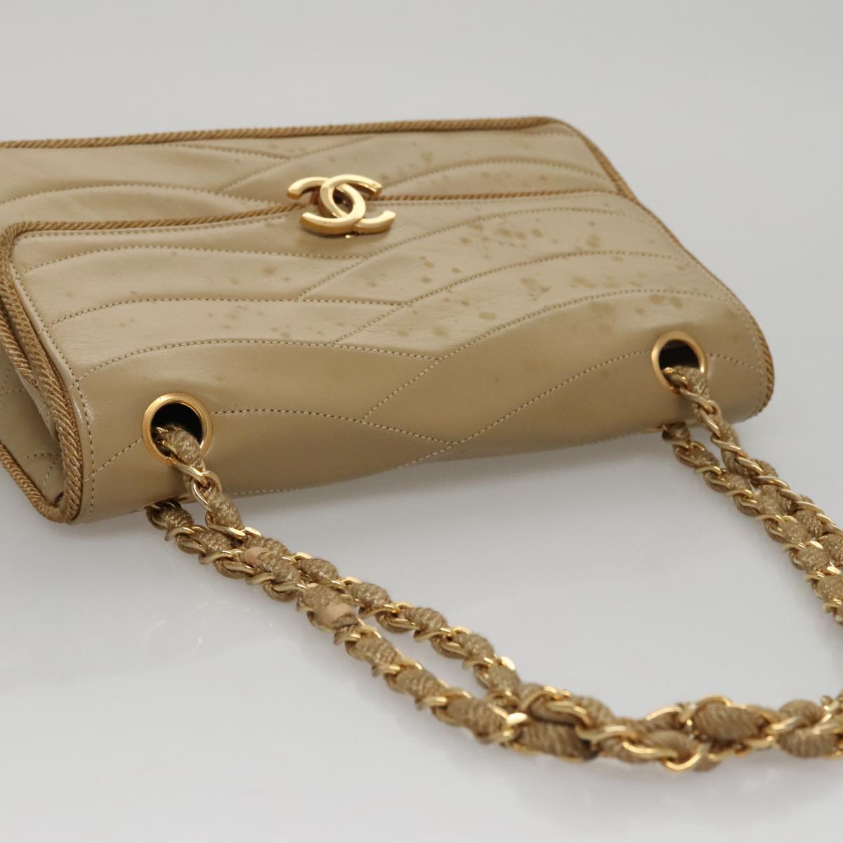 CHANEL Matelasse Chain Shoulder Bag Lamb Skin Beige Gold CC 105701