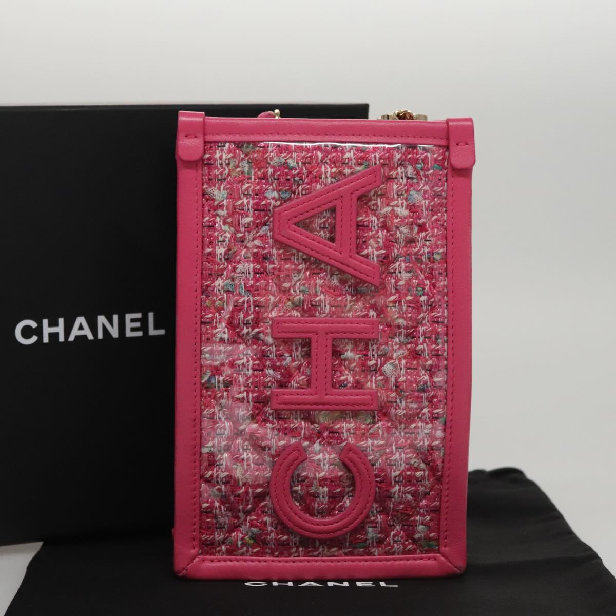 CHANEL Chain Shoulder Bag Tweed Vinyl Pink Gold CC 105704A