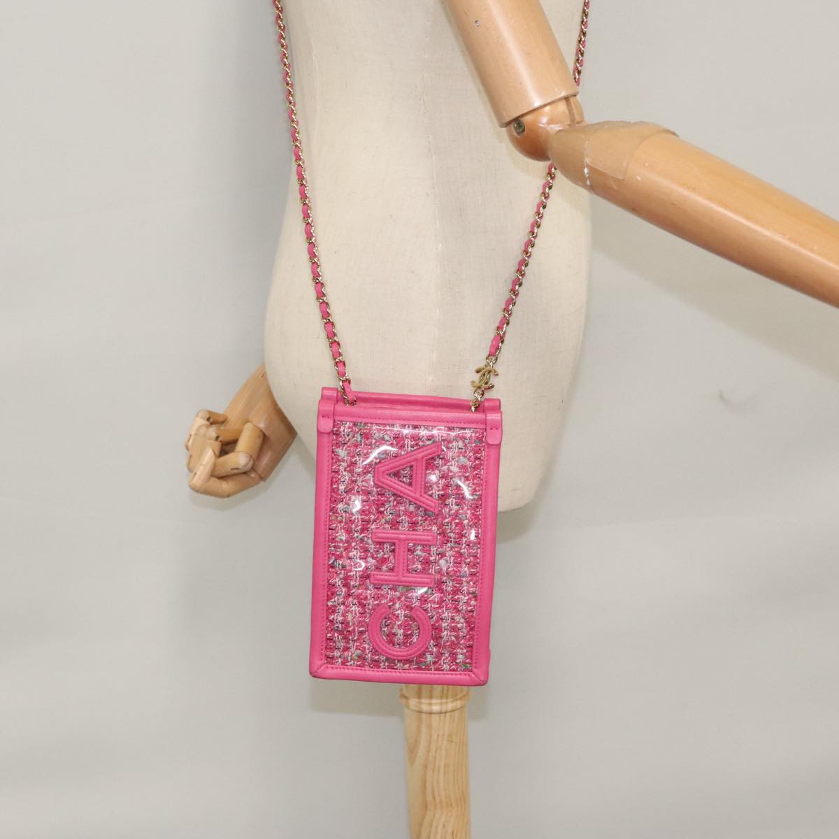 CHANEL Chain Shoulder Bag Tweed Vinyl Pink Gold CC 105704A