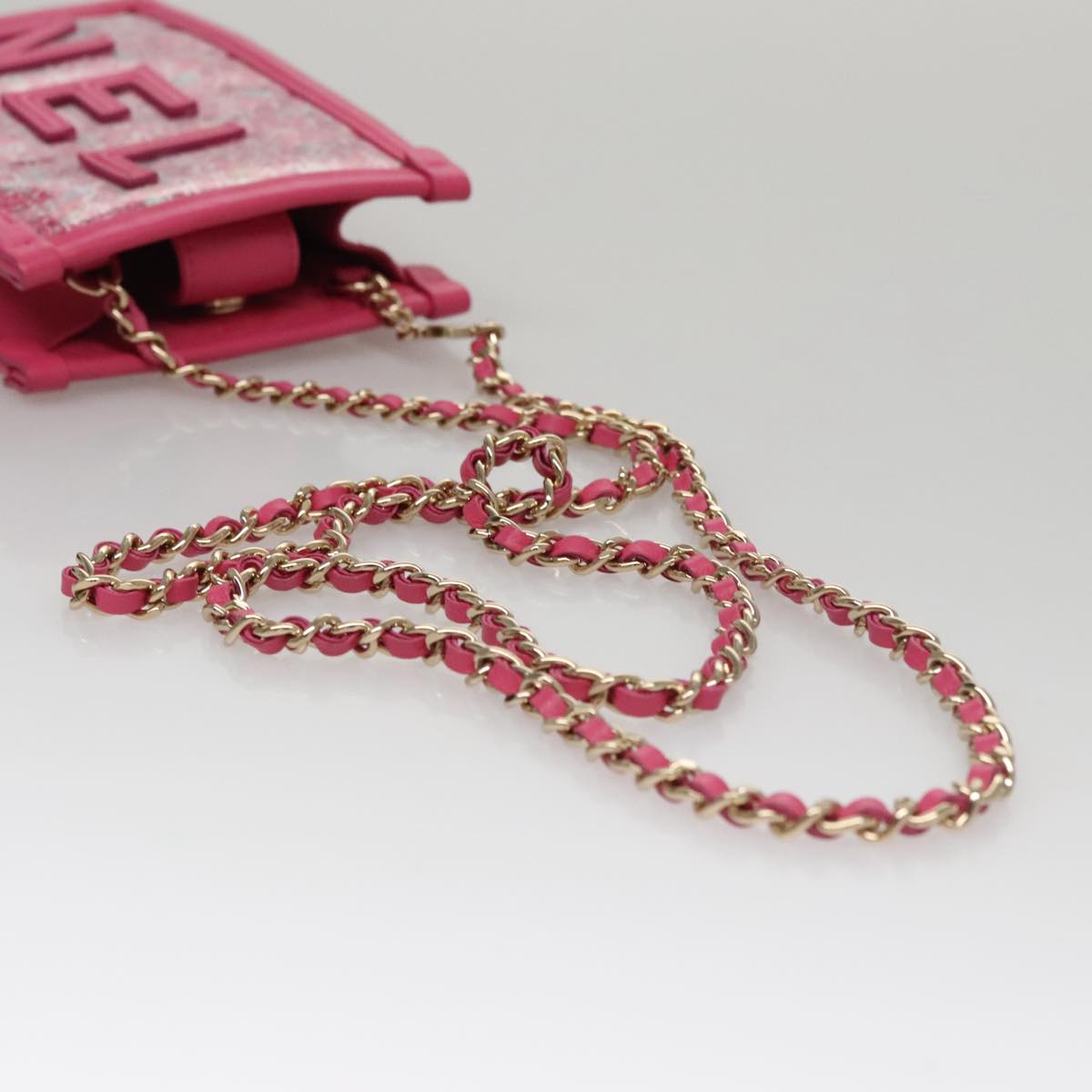 CHANEL Chain Shoulder Bag Tweed Vinyl Pink Gold CC 105704A