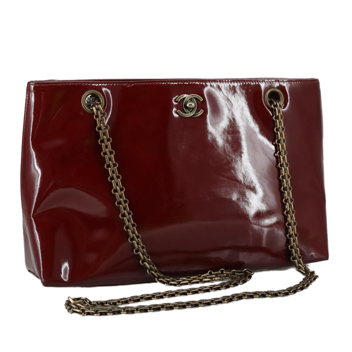 CHANEL Chain Shoulder Bag Patent leather Red CC 106421