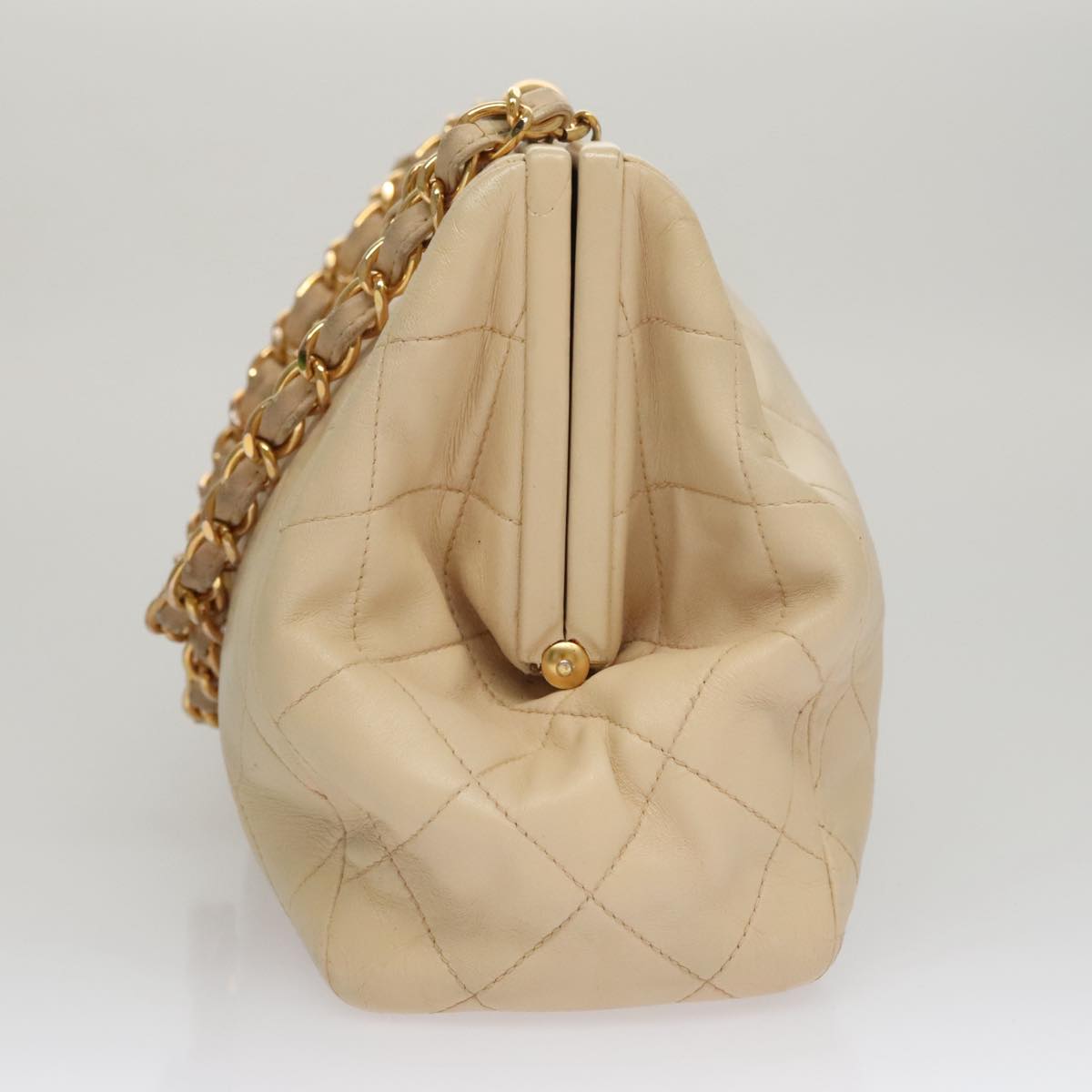 CHANEL Matelasse Chain Hand Bag Lamb Skin Beige Gold CC 106445