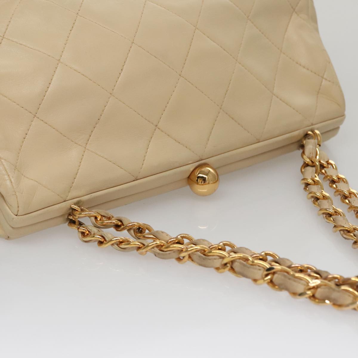 CHANEL Matelasse Chain Hand Bag Lamb Skin Beige Gold CC 106445