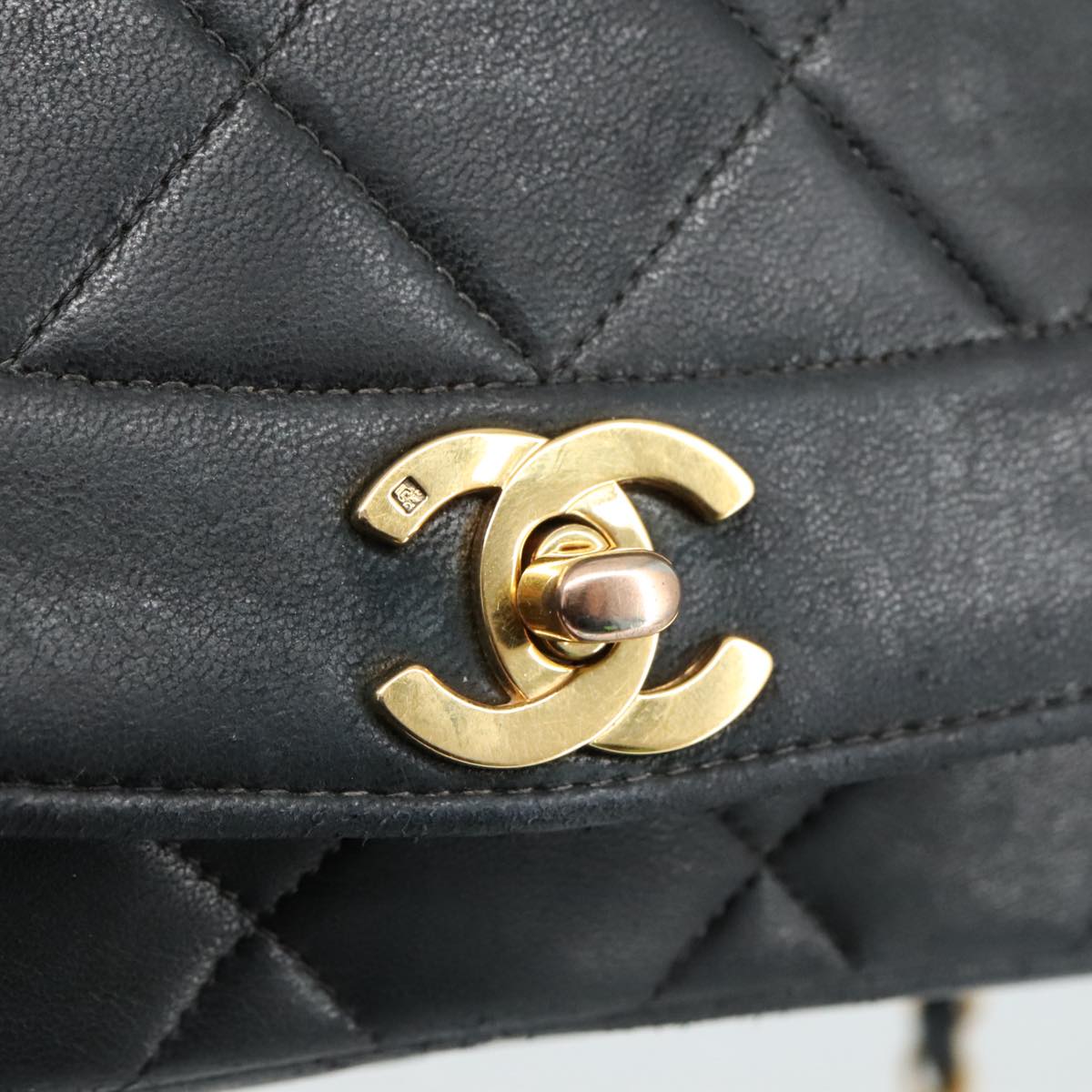 CHANEL Matelasse Chain Diana Shoulder Bag Lamb Skin Black Gold CC 106722