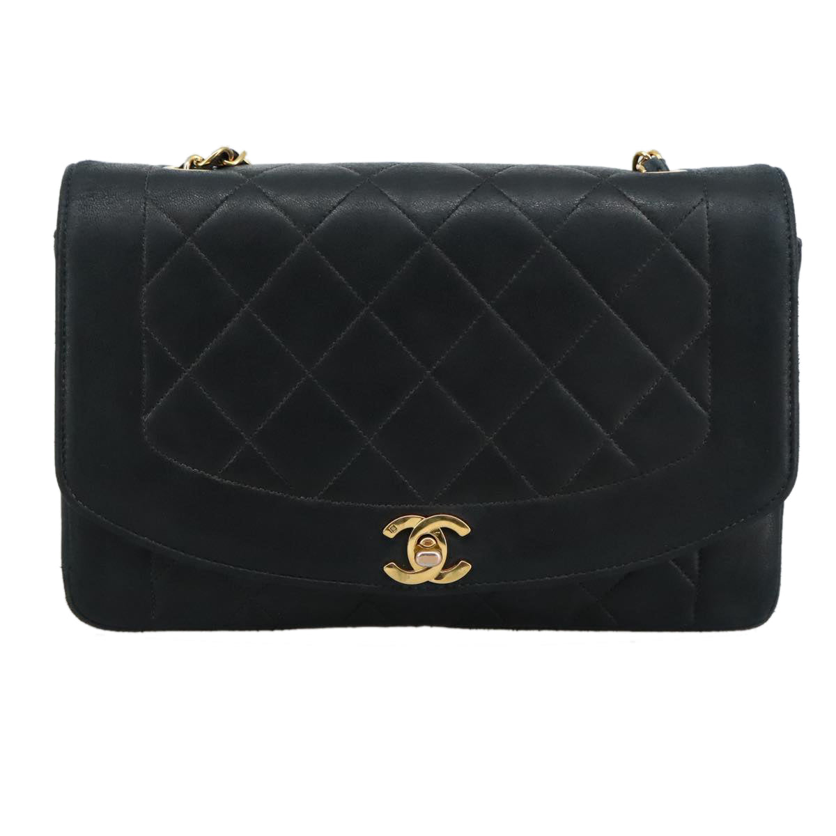 CHANEL Matelasse Chain Diana Shoulder Bag Lamb Skin Black Gold CC 106722