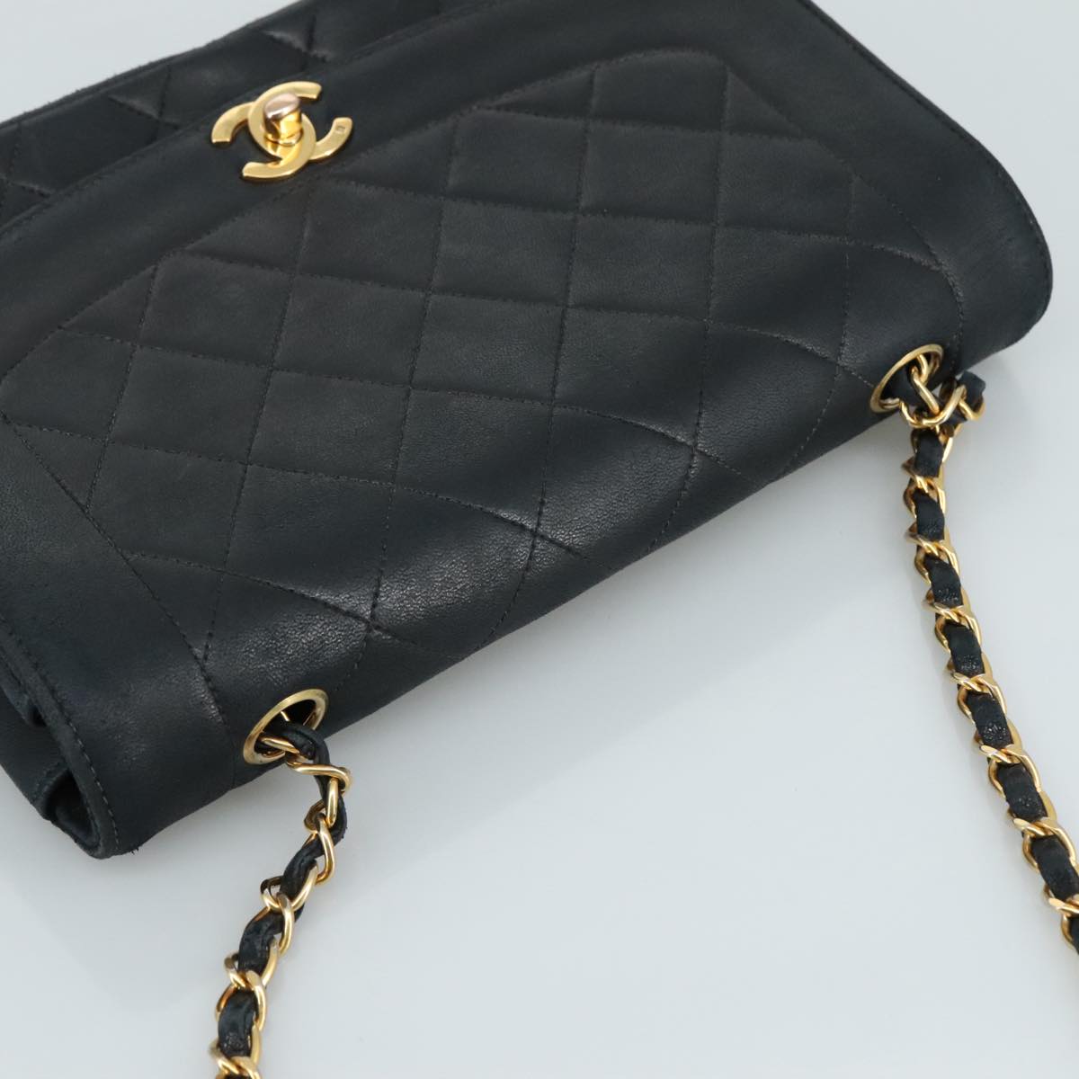 CHANEL Matelasse Chain Diana Shoulder Bag Lamb Skin Black Gold CC 106722