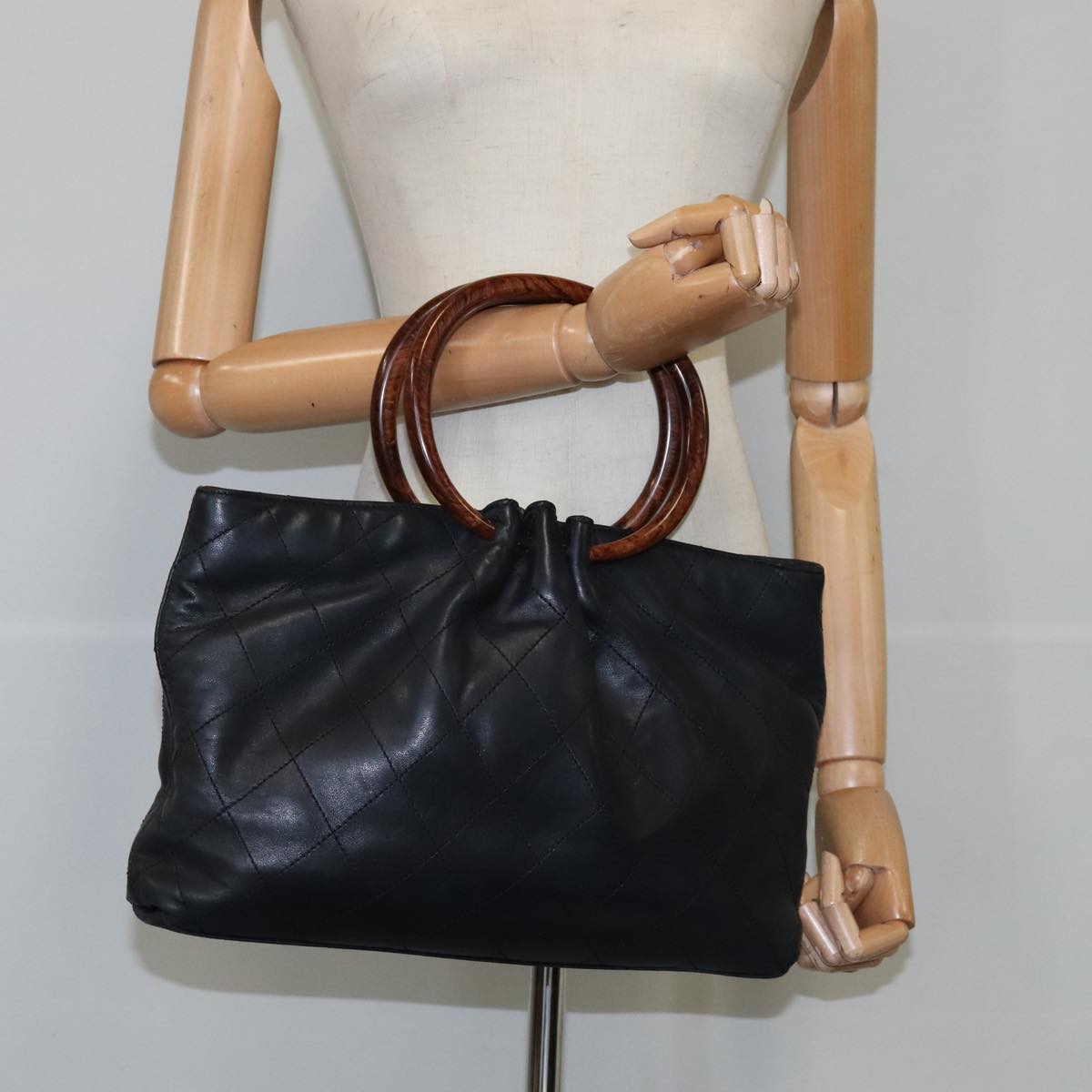 CHANEL Matelasse Bamboo Hand Bag Lamb Skin Black Gold CC 106836