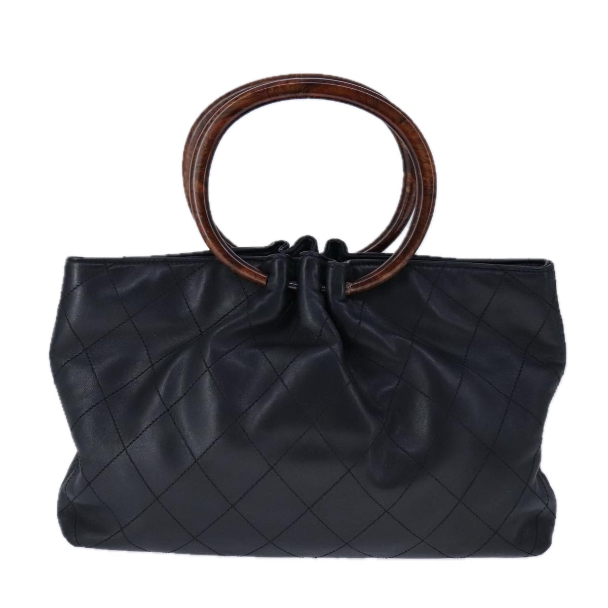 CHANEL Matelasse Bamboo Hand Bag Lamb Skin Black Gold CC 106836