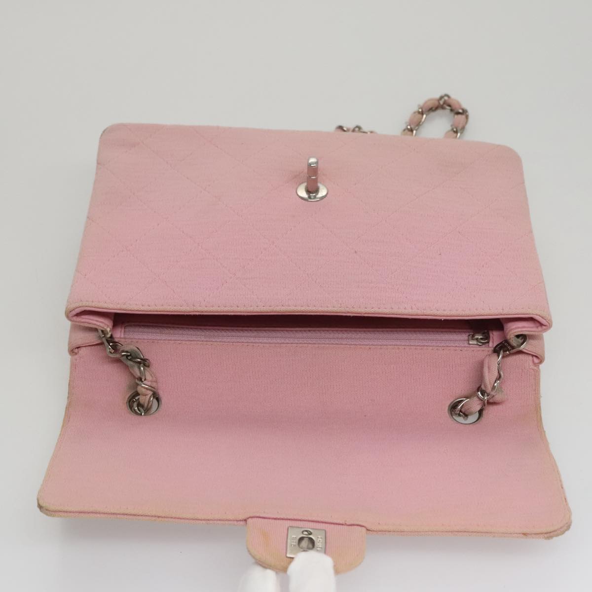 CHANEL Matelasse Chain Shoulder Bag Cotton Pink Silver CC 107505