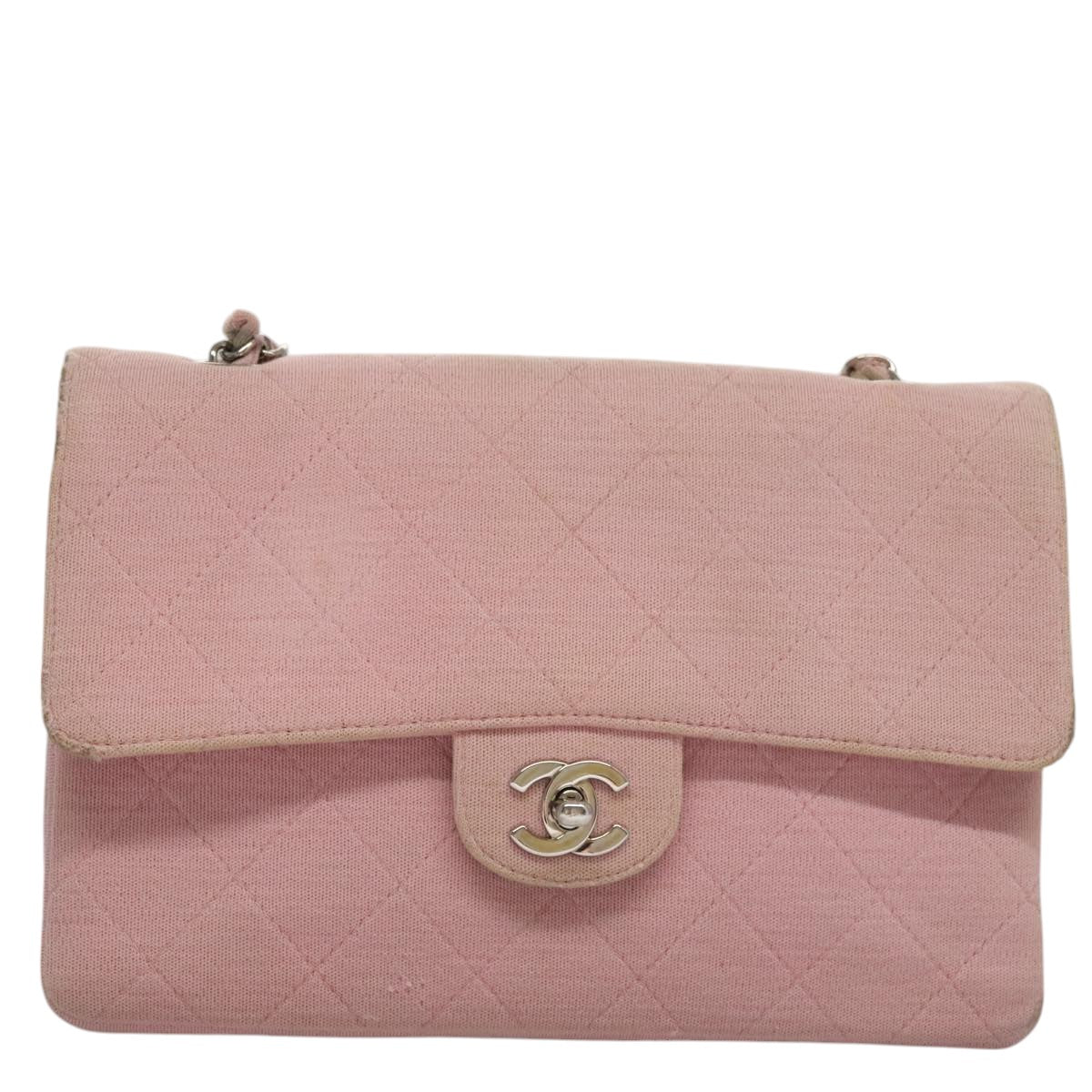CHANEL Matelasse Chain Shoulder Bag Cotton Pink Silver CC 107505