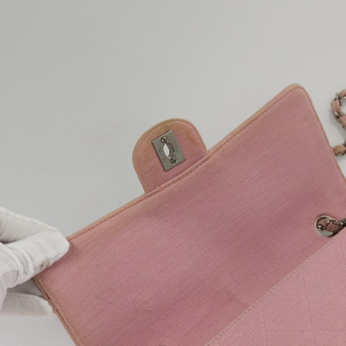 CHANEL Matelasse Chain Shoulder Bag Cotton Pink Silver CC 107505