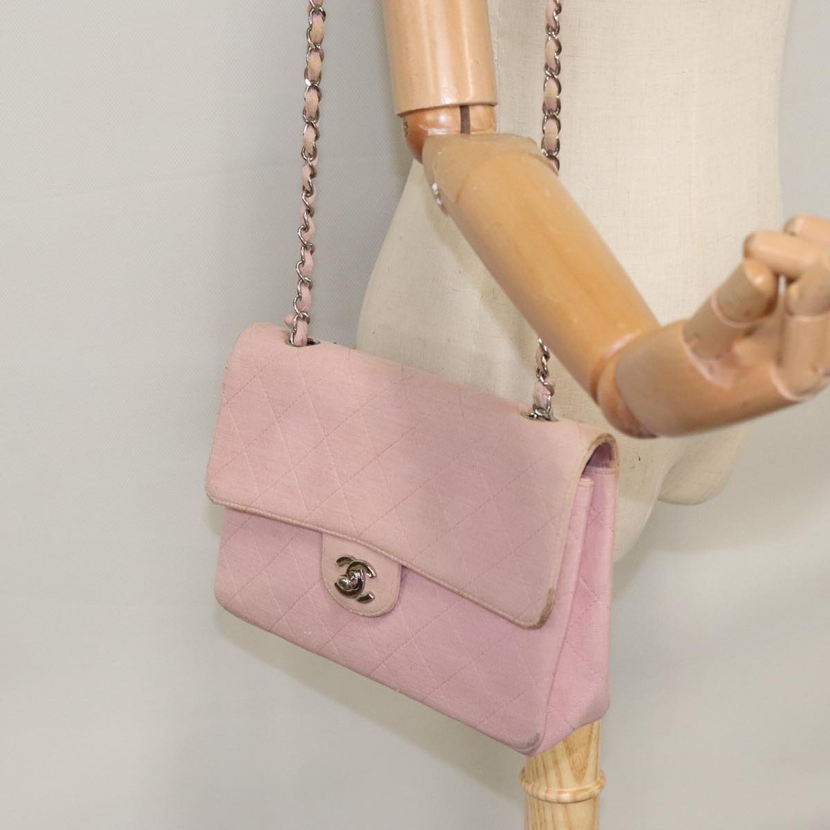 CHANEL Matelasse Chain Shoulder Bag Cotton Pink Silver CC 107505