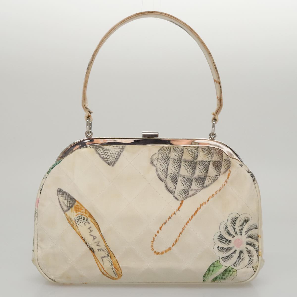 CHANEL Matelasse Hand Bag Canvas White CC 107506