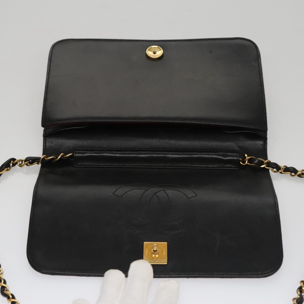 CHANEL Matelasse Chain Shoulder Bag Lamb Skin Black Gold CC 107645