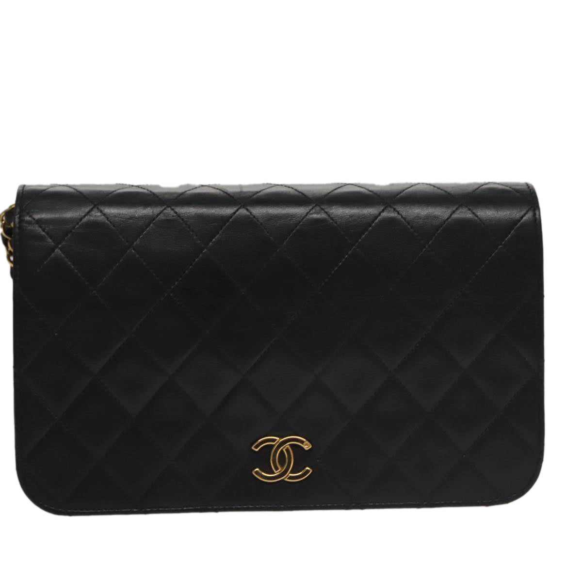 CHANEL Matelasse Chain Shoulder Bag Lamb Skin Black Gold CC 107645