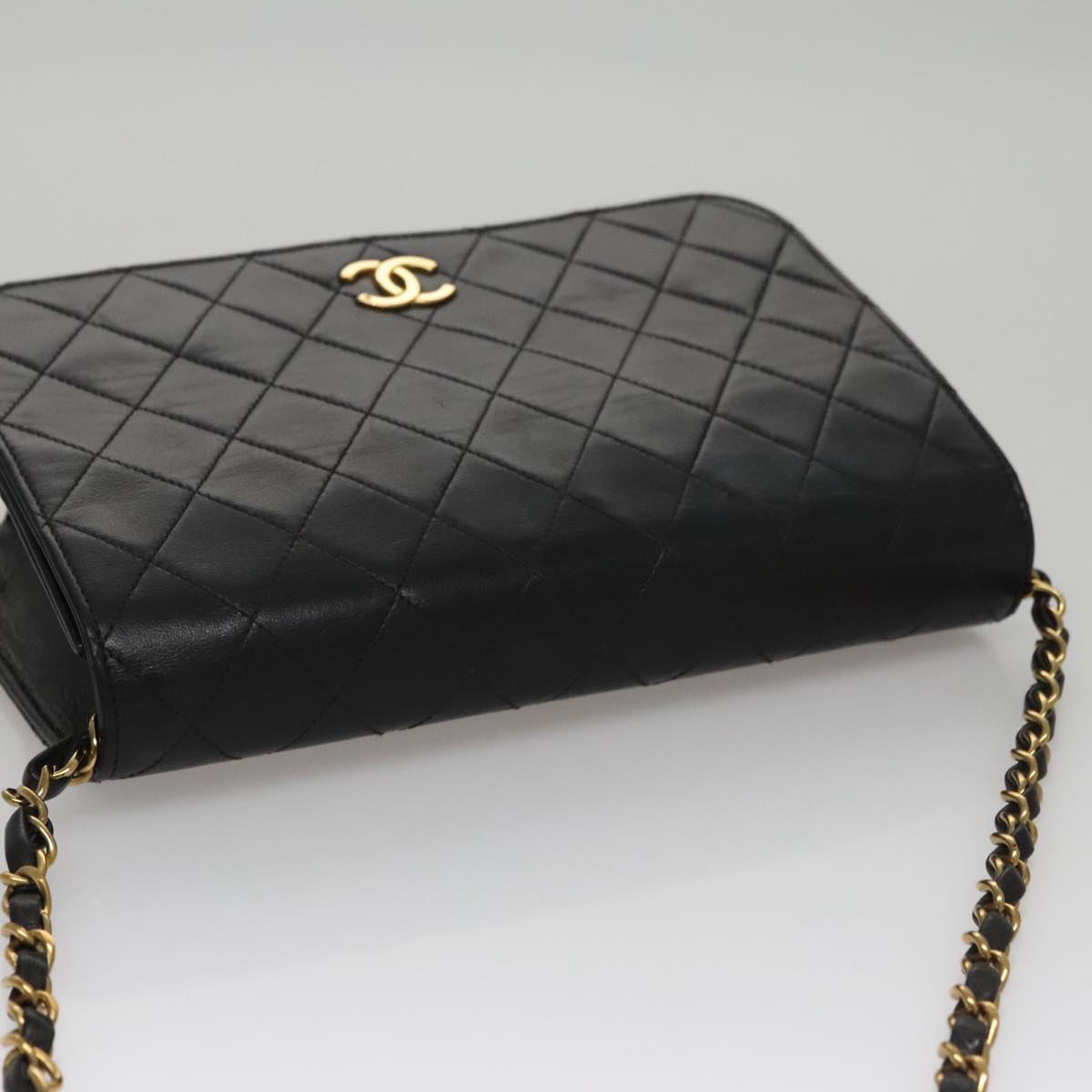 CHANEL Matelasse Chain Shoulder Bag Lamb Skin Black Gold CC 107645
