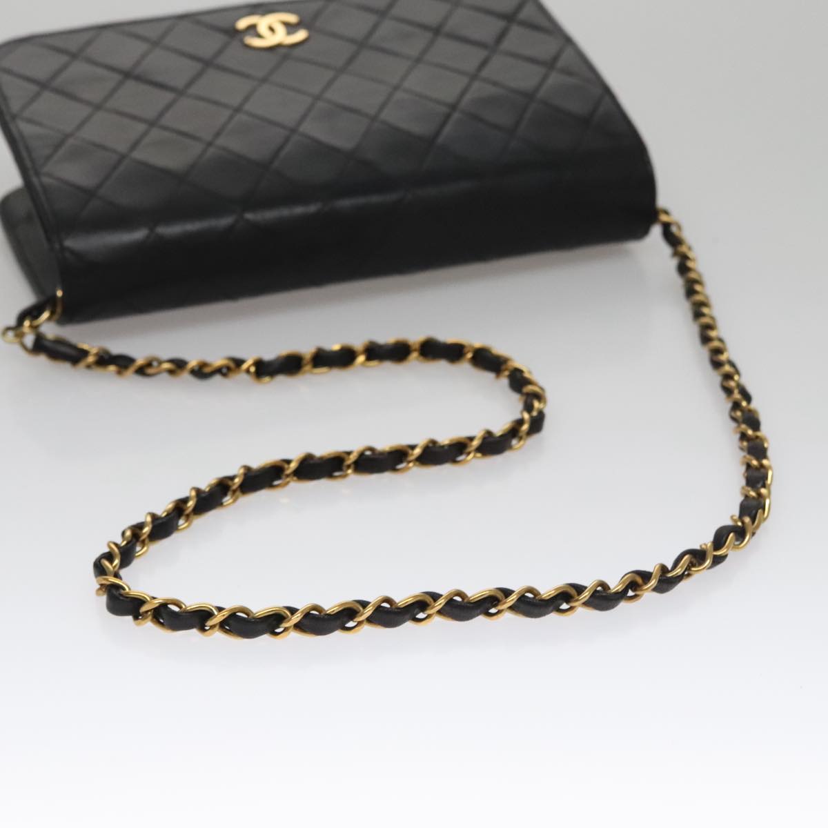 CHANEL Matelasse Chain Shoulder Bag Lamb Skin Black Gold CC 107645