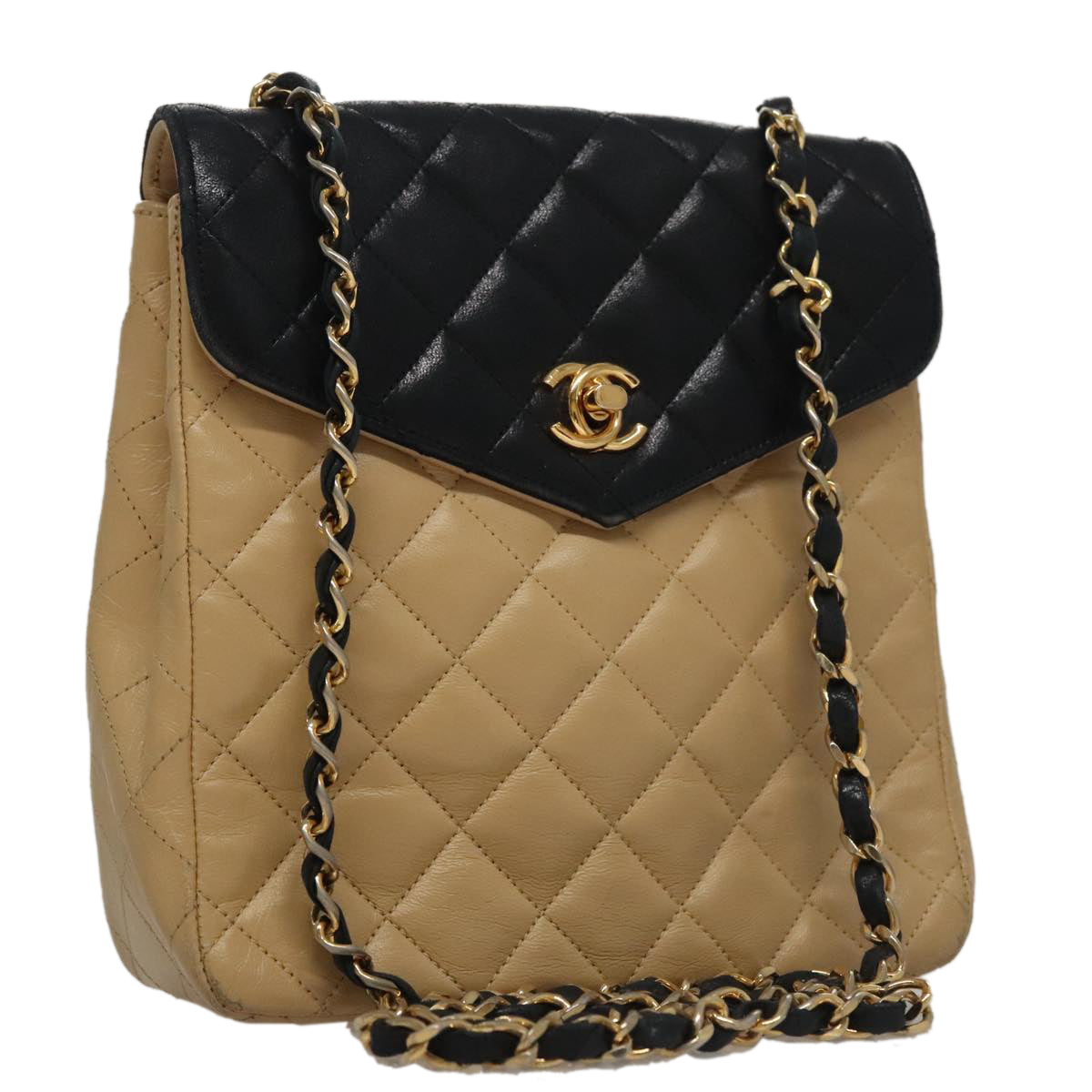 CHANEL Matelasse Chain Shoulder Bag Lamb Skin Beige Gold black CC 107648