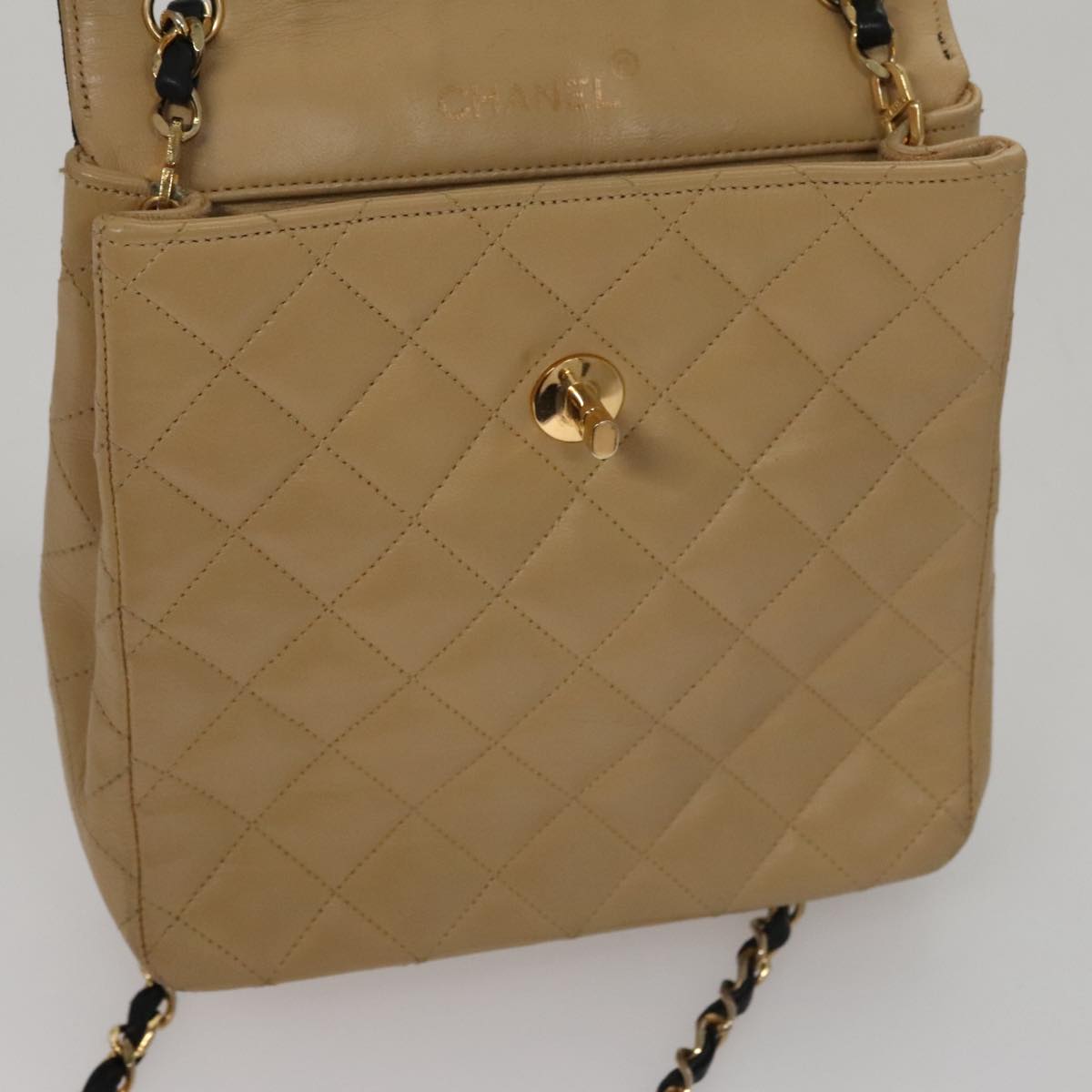 CHANEL Matelasse Chain Shoulder Bag Lamb Skin Beige Gold black CC 107648