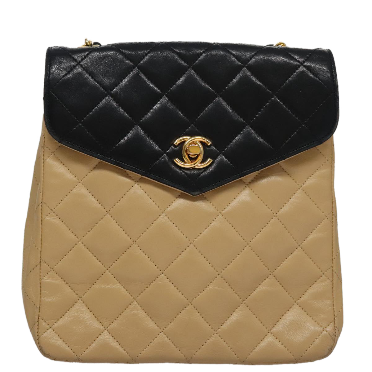 CHANEL Matelasse Chain Shoulder Bag Lamb Skin Beige Gold black CC 107648