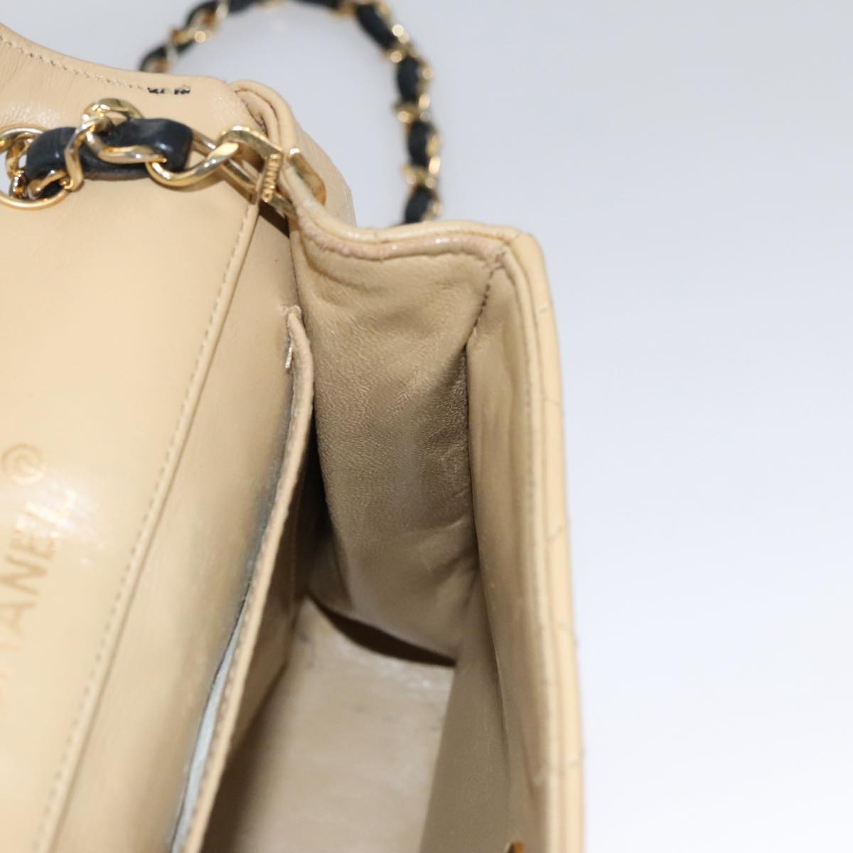 CHANEL Matelasse Chain Shoulder Bag Lamb Skin Beige Gold black CC 107648