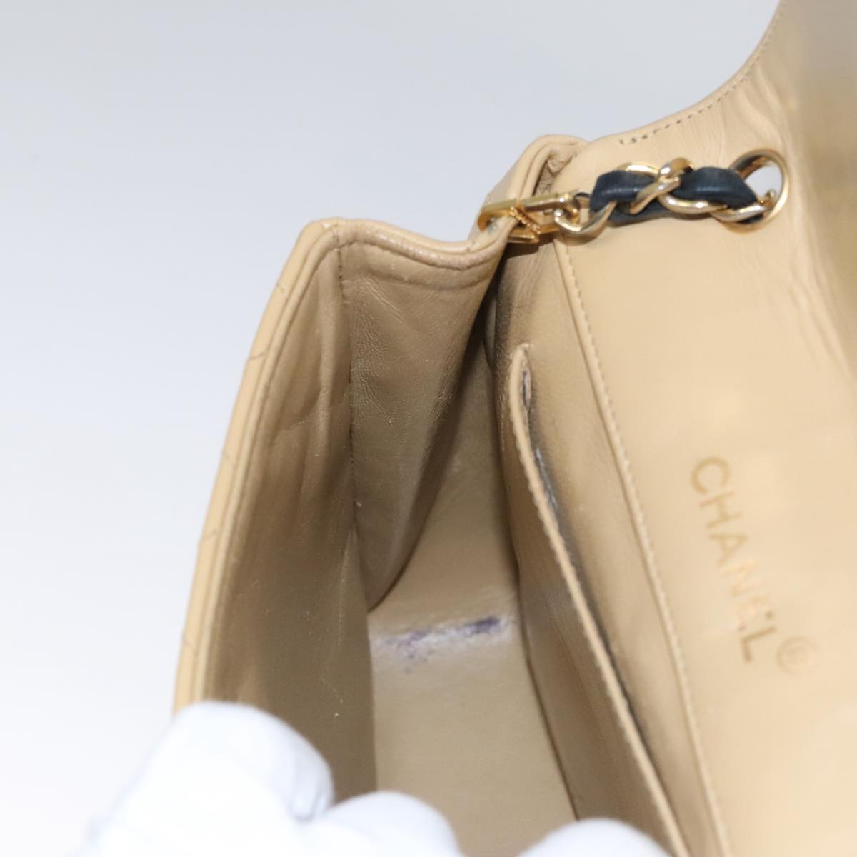 CHANEL Matelasse Chain Shoulder Bag Lamb Skin Beige Gold black CC 107648